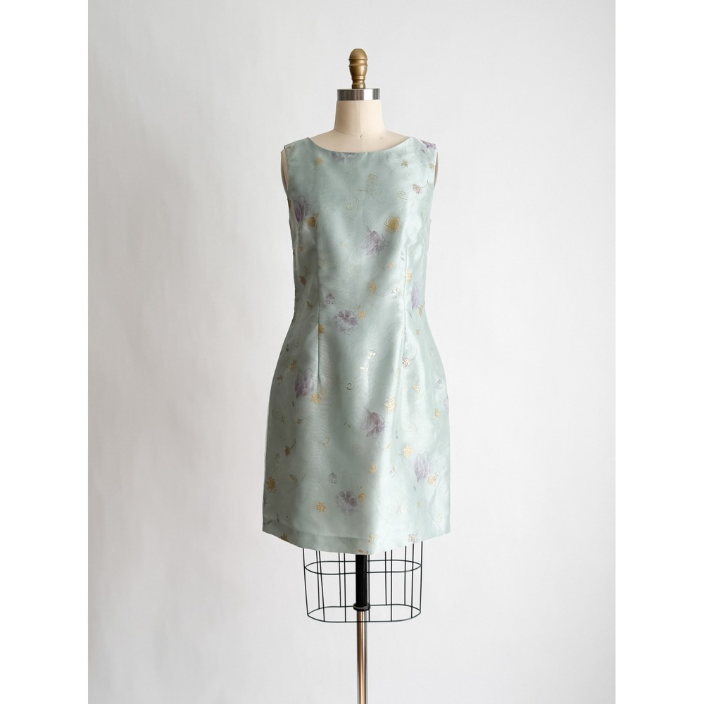 John Roberts Sheath Dress Floral Brocade Metallic Cocktail 10 Seafoam Green Mini